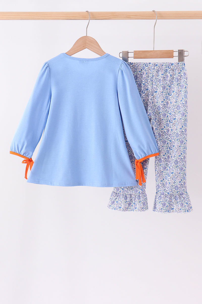Blue pumpkin applique ruffle pants set