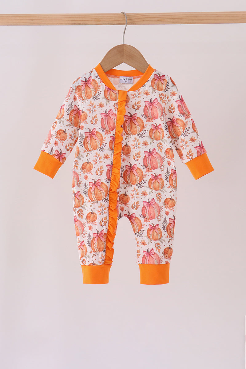 Orange Pumpkin Print Ruffle Romper