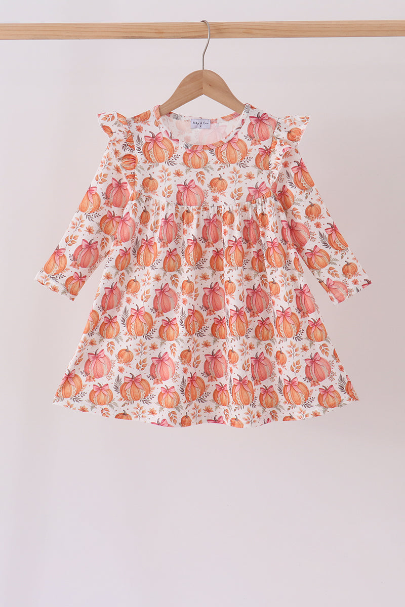Orange Pumpkin Print Ruffle Dress