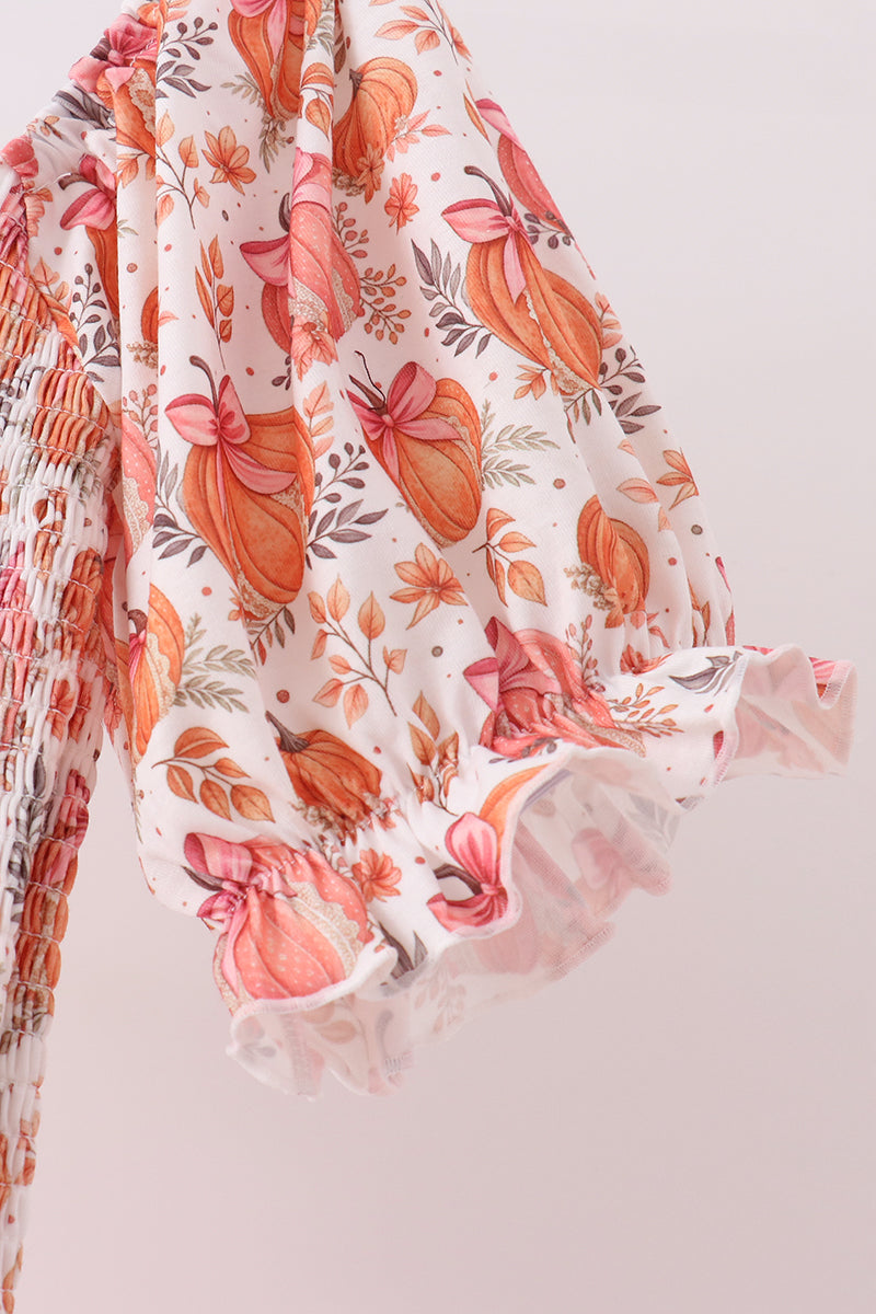 Orange Pumpkin Print Smocked Mom Dress