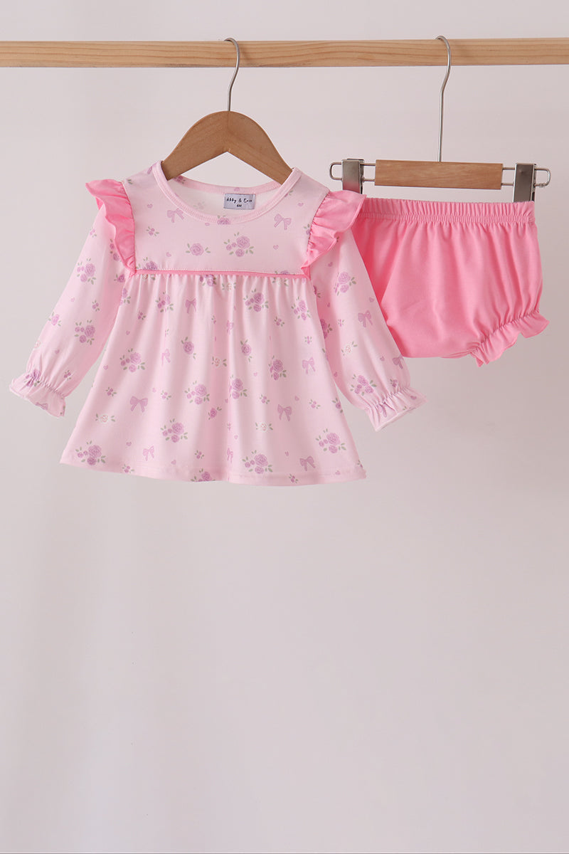 Pink floral bow ruffle bloomer set