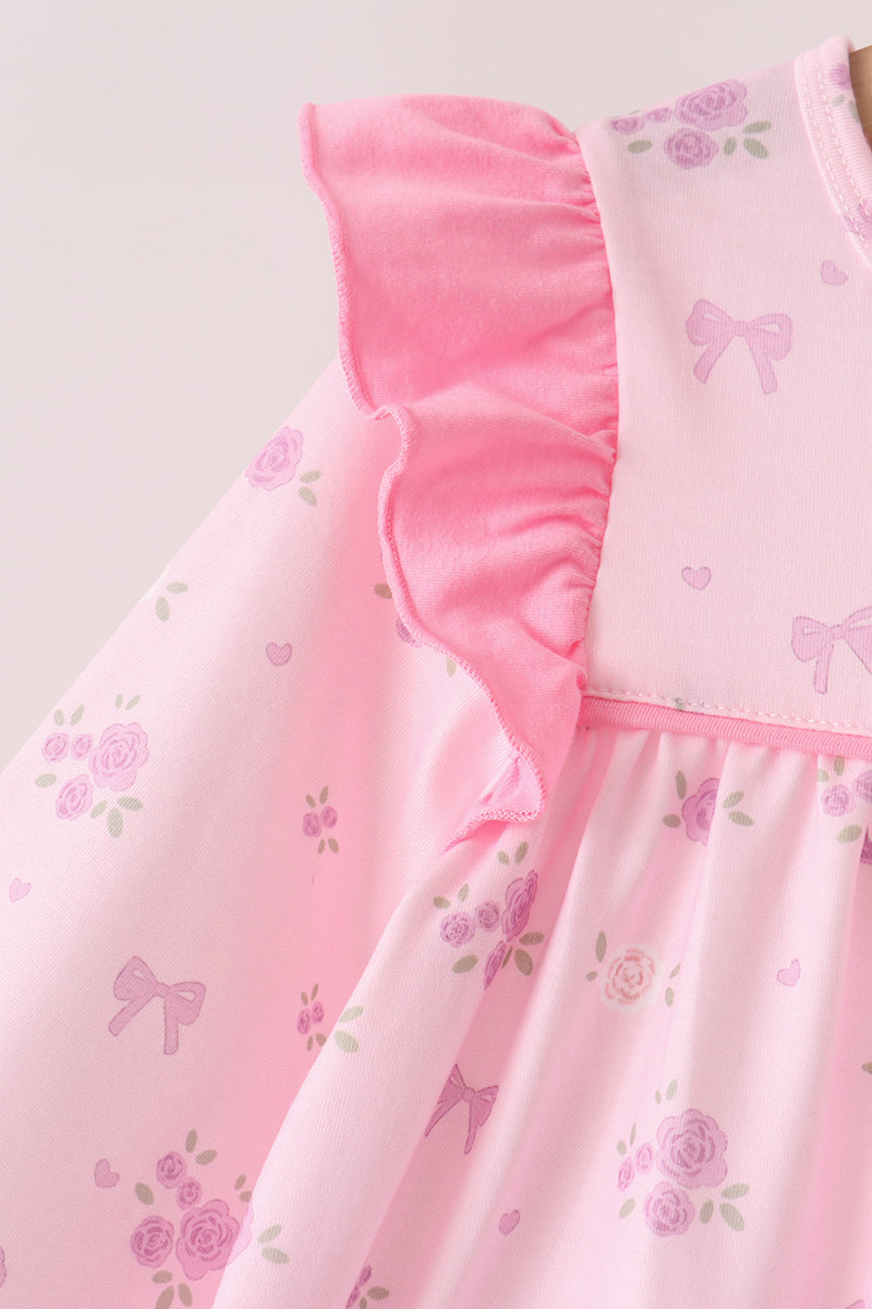 Pink floral bow ruffle pants set