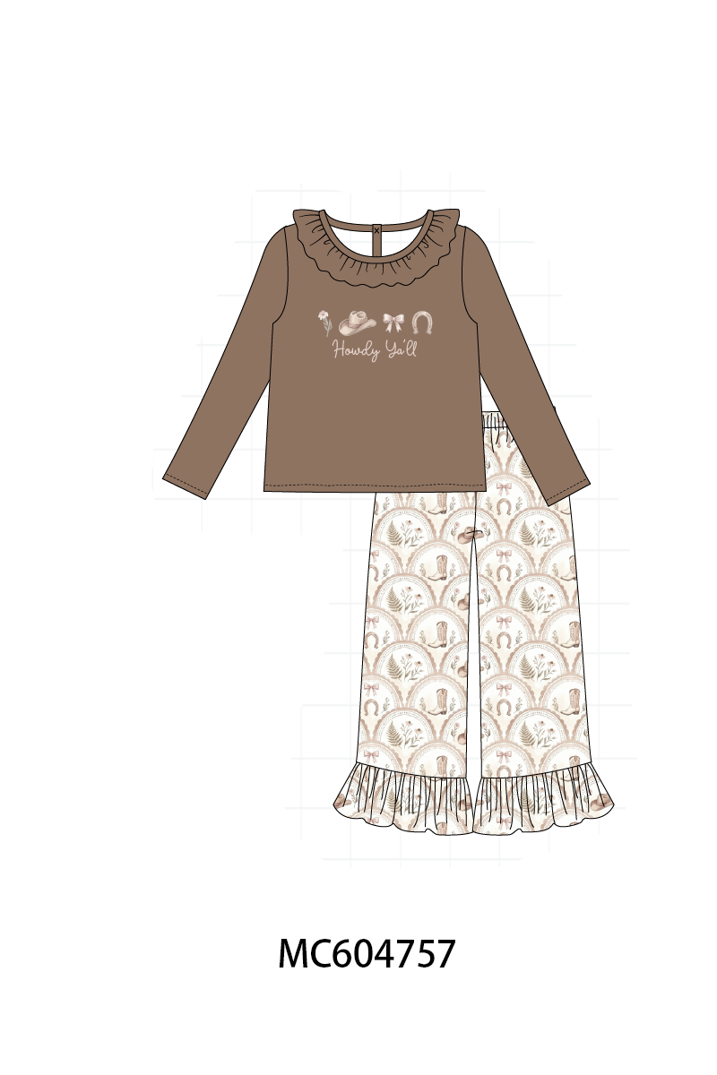 Brown Howdy Y'ALL western embroidery ruffle pants set