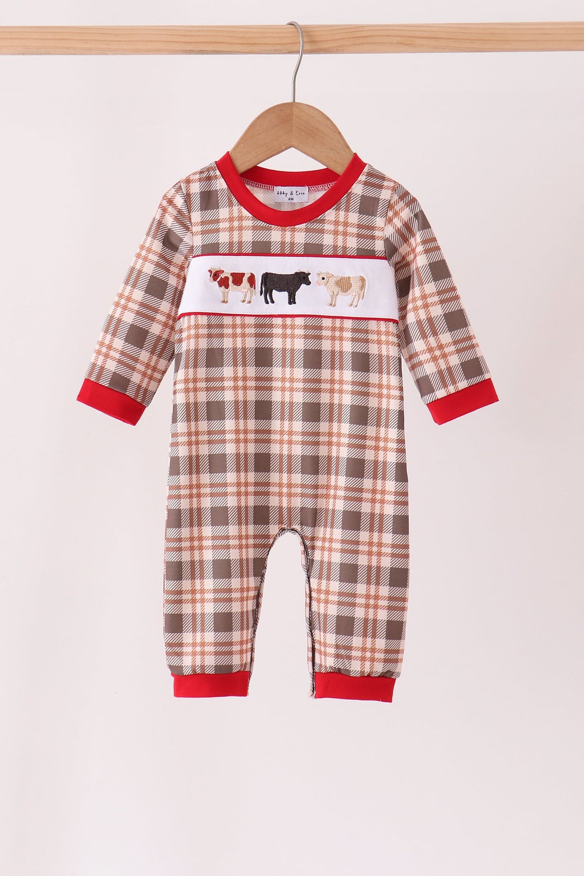 Brown Cow Embroidery Plaid Romper