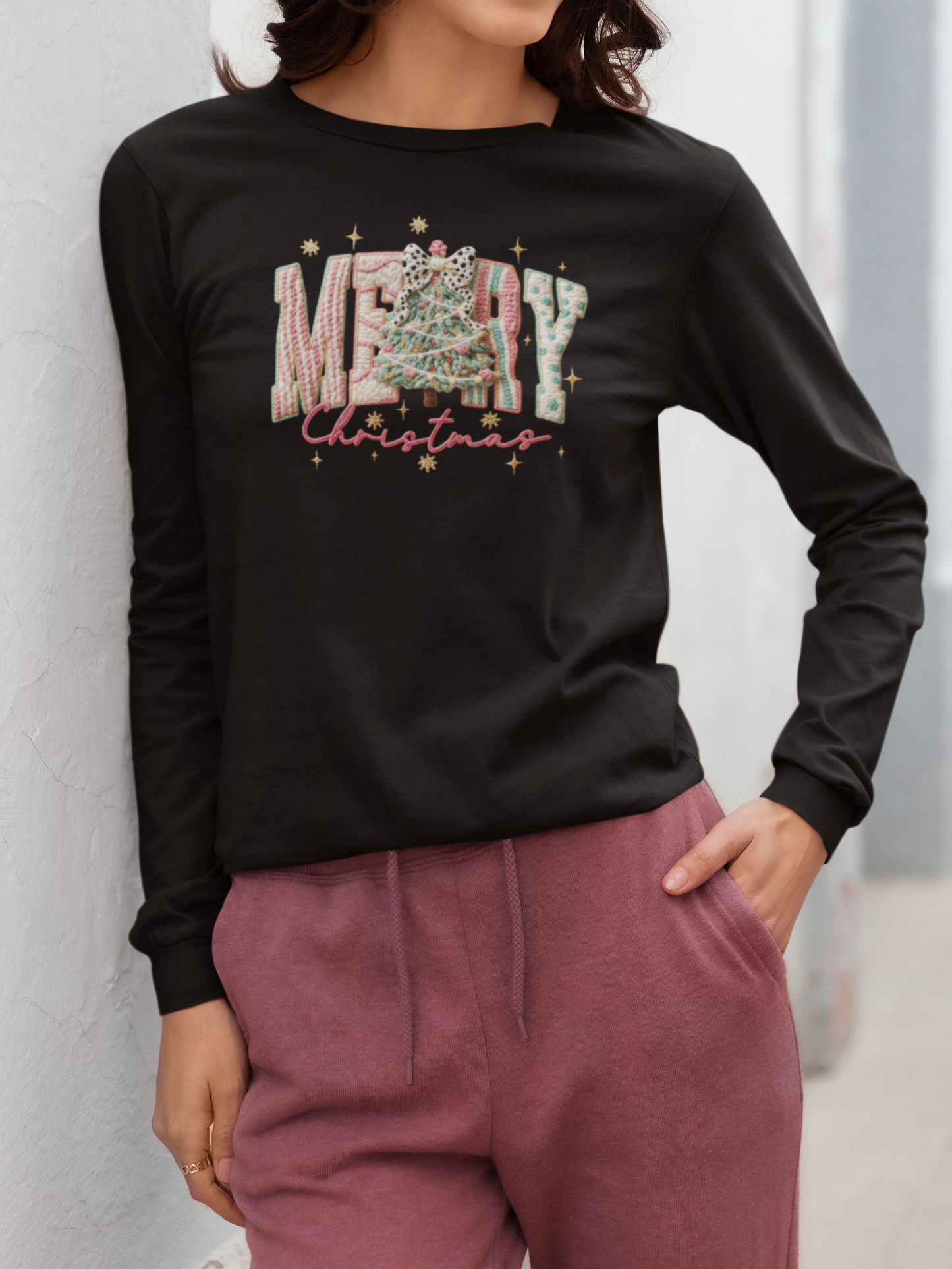 Faux Yarn Merry Christmas Long Sleeve (Adult)