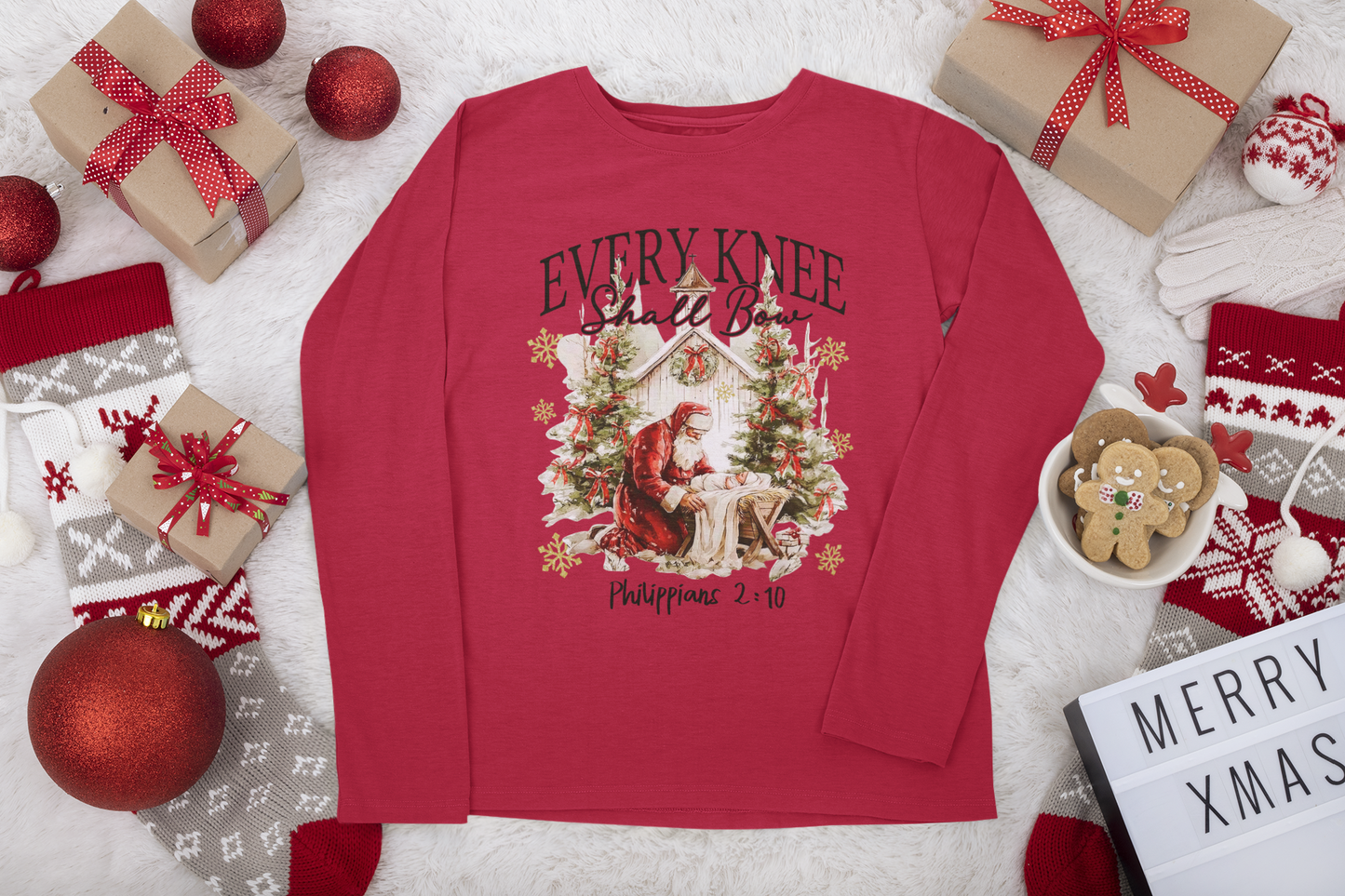 Every Knee Shall Bow long sleeve Christmas Shirt