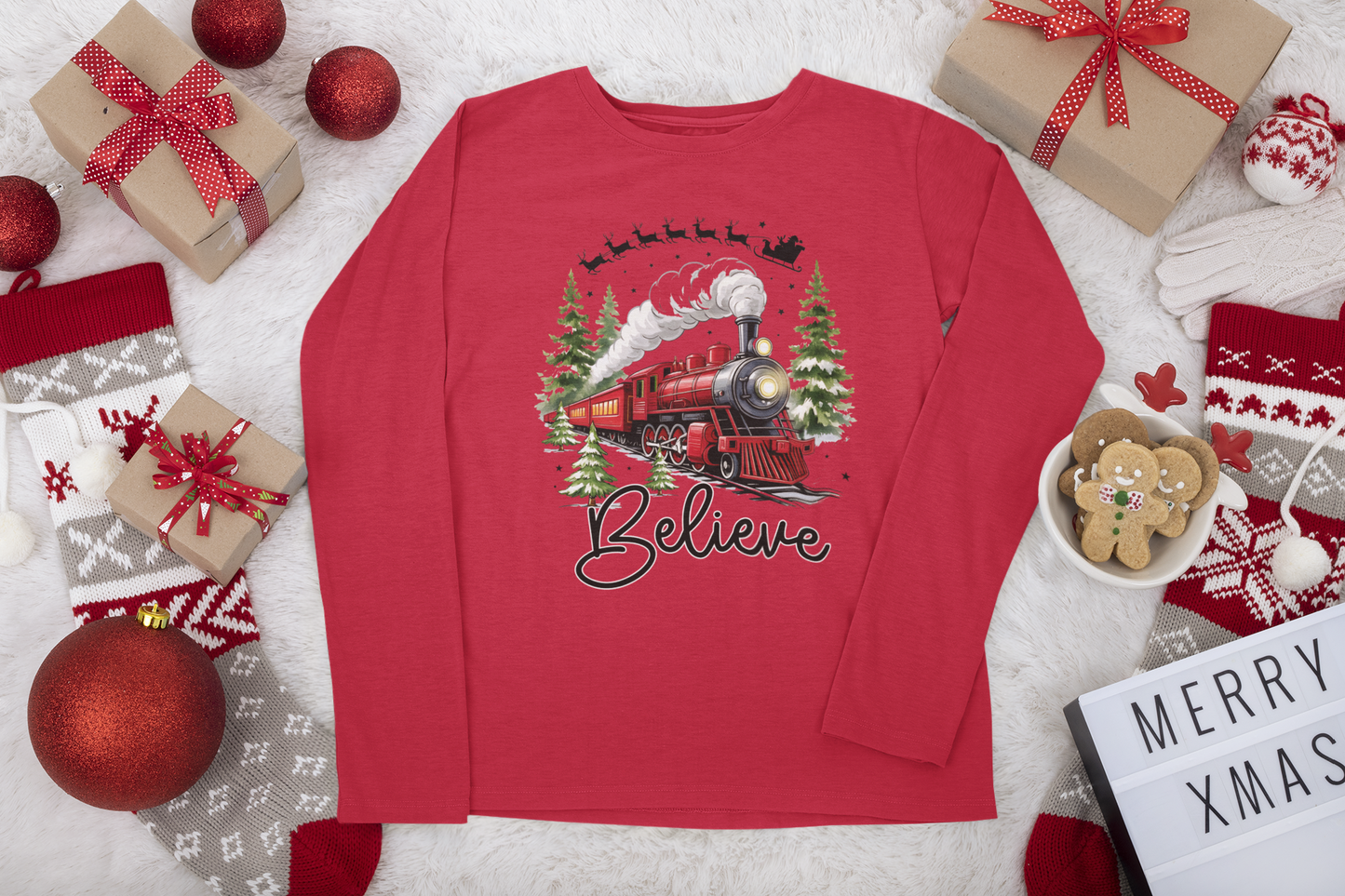 Believe Christmas Train Long Sleeve Shirt